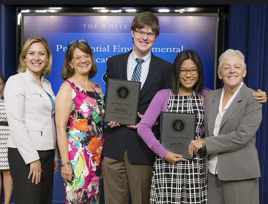 Christy Goldfuss, Managing Director of White House Council on Environmental Quality, Eleanor Burke, L-S Environmental Club Advisor, PEYA awardees Michael Bader (’14) and Grace Chin (’15) and U.S. EPA Administrator Gina McCarthy.